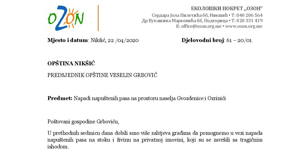 Ozon pisao Predsjedniku opštine Nikšić: Zaštiti dobrobit ljudi i životinja