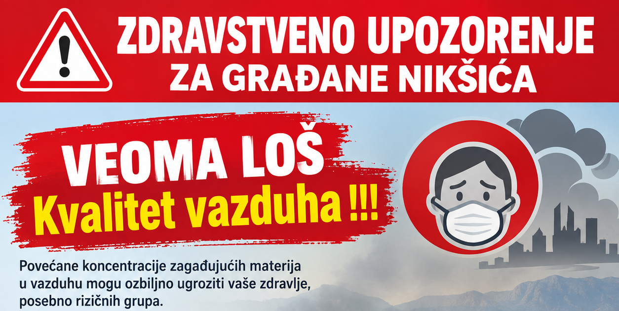 ZDRAVSTVENO UPOZORENJE ZA GRAĐANE NIKŠIĆA  - VEOMA LOŠ Kvalitet vazduha !!!
